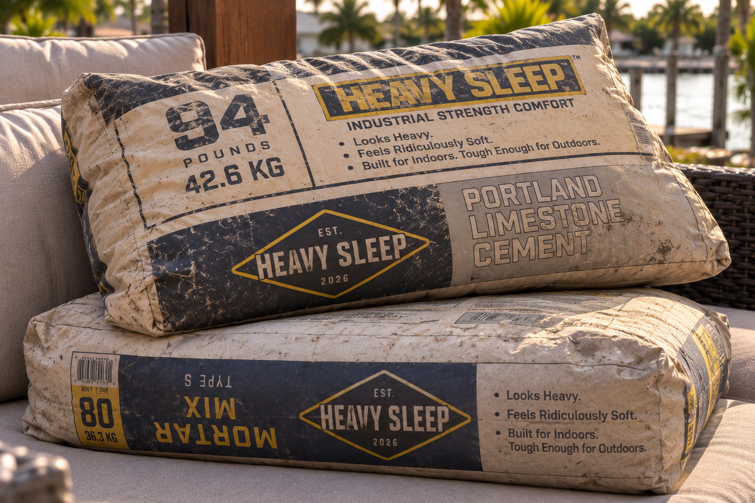 Realistic black-and-yellow HEAVY SLEEP cement sack pillow concepts on a patio couch